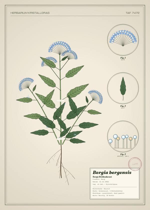 Botanische Tafel: Bergia bergensis, eine erfundene Pflanze aus Berg, gezeichnet wie in einem alten Pflanzenatlas