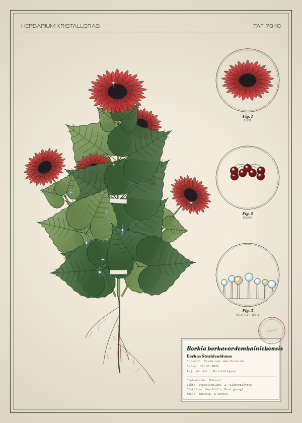 Botanische Tafel: Berkia berkavordemhainichensis, eine erfundene Pflanze aus Berka vor dem Hainich, gezeichnet wie in einem alten Pflanzenatlas