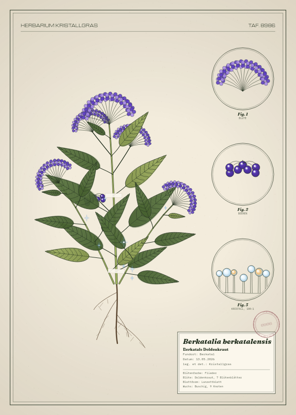 Botanische Tafel: Berkatalia berkatalensis, eine erfundene Pflanze aus Berkatal, gezeichnet wie in einem alten Pflanzenatlas