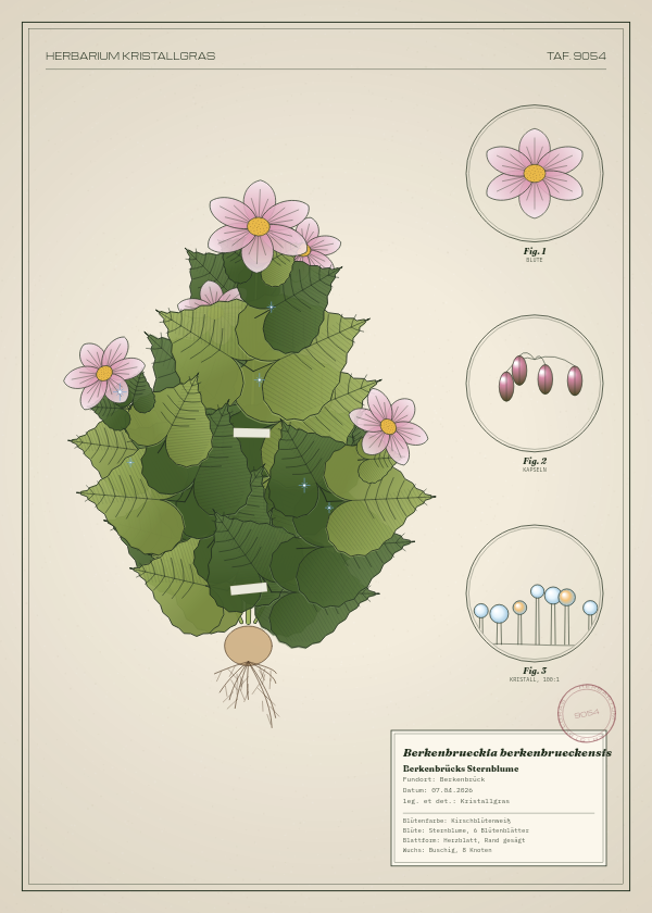 Botanische Tafel: Berkenbrueckia berkenbrueckensis, eine erfundene Pflanze aus Berkenbrück, gezeichnet wie in einem alten Pflanzenatlas