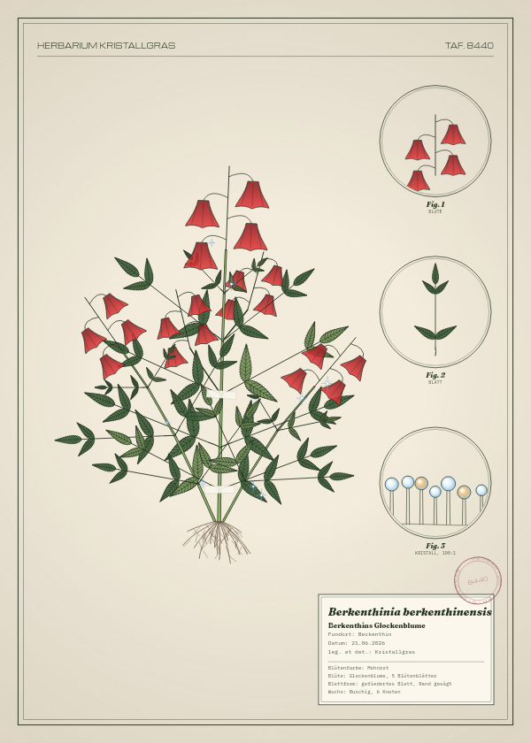 Botanische Tafel: Berkenthinia berkenthinensis, eine erfundene Pflanze aus Berkenthin, gezeichnet wie in einem alten Pflanzenatlas