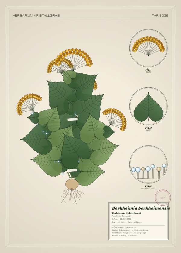 Botanische Tafel: Berkheimia berkheimensis, eine erfundene Pflanze aus Berkheim, gezeichnet wie in einem alten Pflanzenatlas