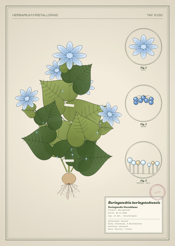 Botanische Tafel: Beringstedtia beringstedtensis, eine erfundene Pflanze aus Beringstedt, gezeichnet wie in einem alten Pflanzenatlas