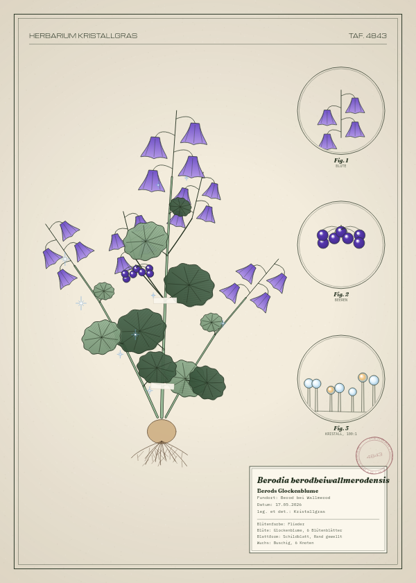 Botanische Tafel: Berodia berodbeiwallmerodensis, eine erfundene Pflanze aus Berod bei Wallmerod, gezeichnet wie in einem alten Pflanzenatlas