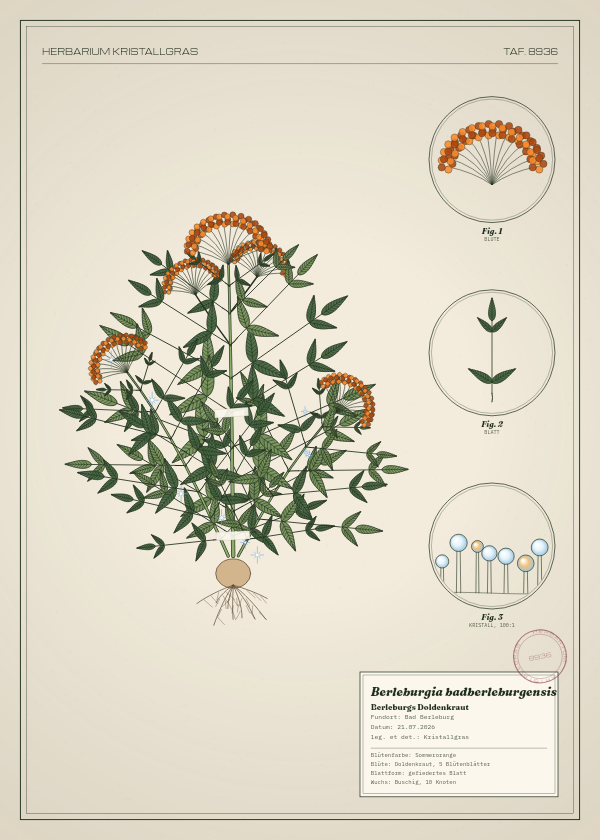 Botanische Tafel: Berleburgia badberleburgensis, eine erfundene Pflanze aus Bad Berleburg, gezeichnet wie in einem alten Pflanzenatlas