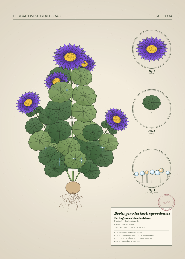 Botanische Tafel: Berlingerodia berlingerodensis, eine erfundene Pflanze aus Berlingerode, gezeichnet wie in einem alten Pflanzenatlas
