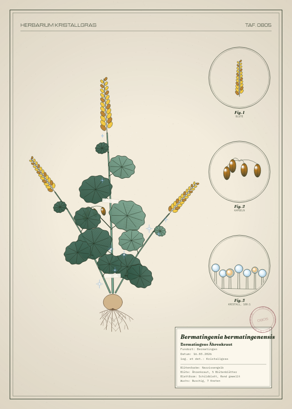 Botanische Tafel: Bermatingenia bermatingenensis, eine erfundene Pflanze aus Bermatingen, gezeichnet wie in einem alten Pflanzenatlas