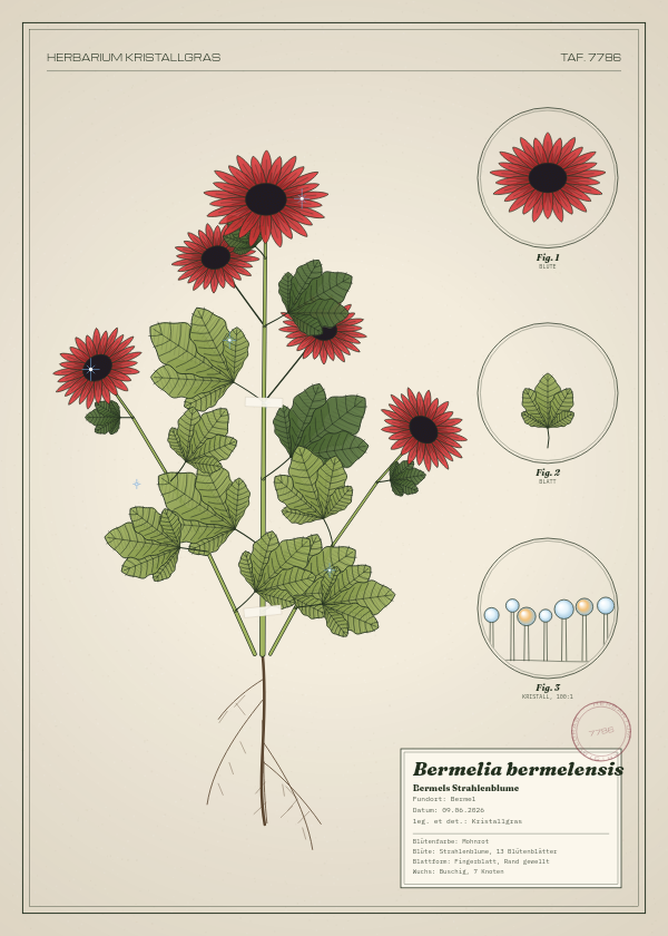 Botanische Tafel: Bermelia bermelensis, eine erfundene Pflanze aus Bermel, gezeichnet wie in einem alten Pflanzenatlas