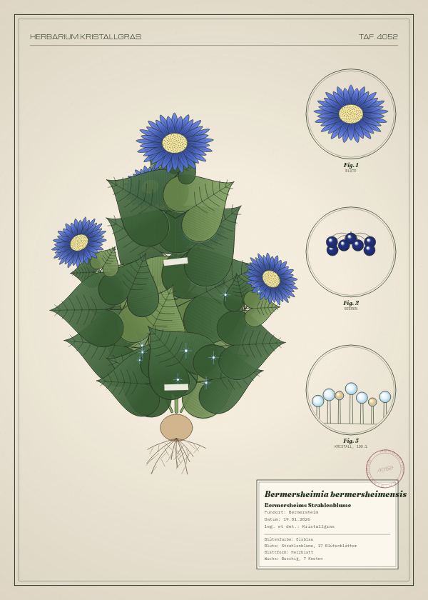 Botanische Tafel: Bermersheimia bermersheimensis, eine erfundene Pflanze aus Bermersheim, gezeichnet wie in einem alten Pflanzenatlas