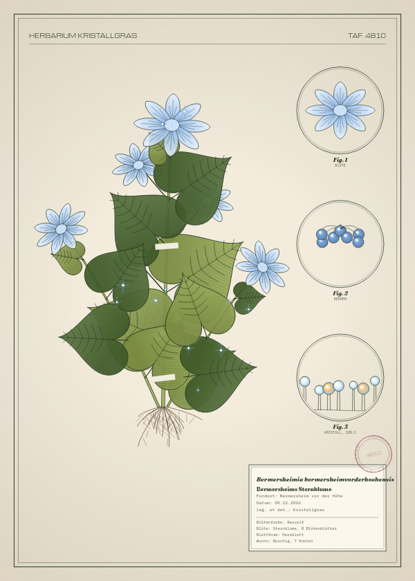 Botanische Tafel: Bermersheimia bermersheimvorderhoehensis, eine erfundene Pflanze aus Bermersheim vor der Höhe, gezeichnet wie in einem alten Pflanzenatlas