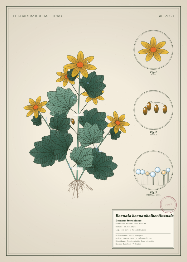 Botanische Tafel: Bernaia bernaubeiberlinensis, eine erfundene Pflanze aus Bernau bei Berlin, gezeichnet wie in einem alten Pflanzenatlas