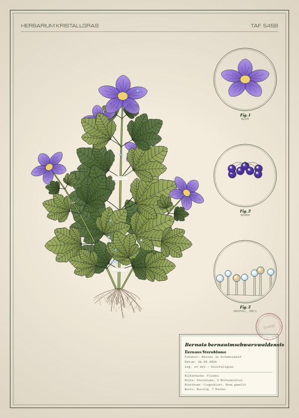 Botanische Tafel: Bernaia bernauimschwarzwaldensis, eine erfundene Pflanze aus Bernau im Schwarzwald, gezeichnet wie in einem alten Pflanzenatlas