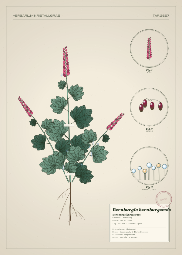 Botanische Tafel: Bernburgia bernburgensis, eine erfundene Pflanze aus Bernburg, gezeichnet wie in einem alten Pflanzenatlas