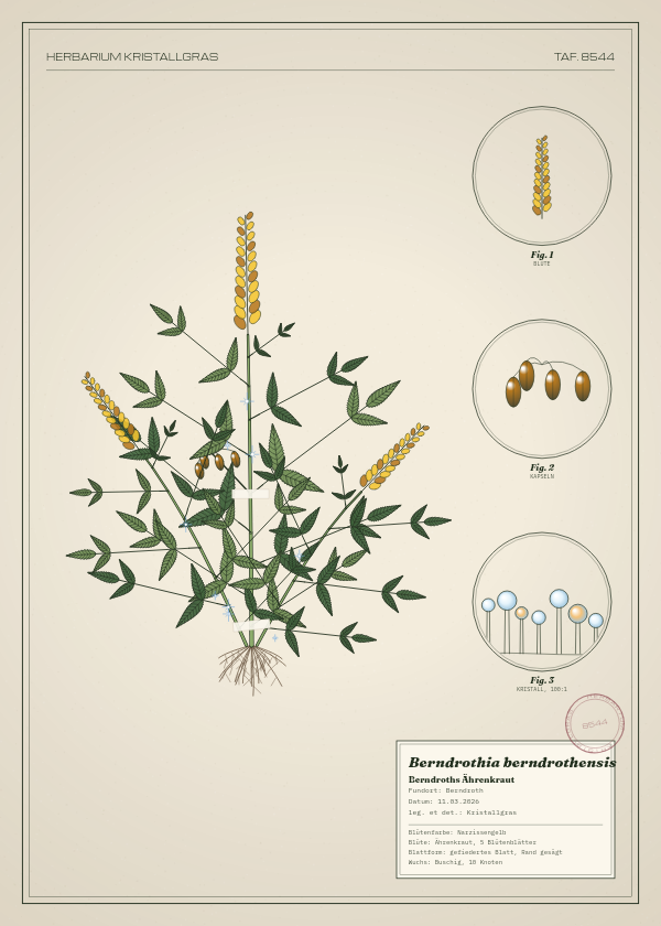 Botanische Tafel: Berndrothia berndrothensis, eine erfundene Pflanze aus Berndroth, gezeichnet wie in einem alten Pflanzenatlas