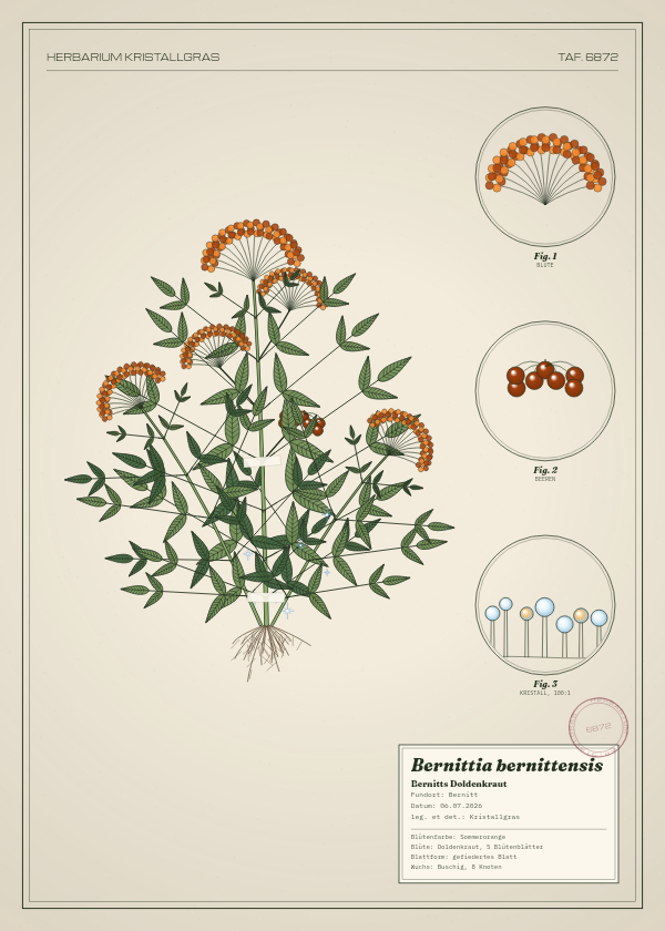 Botanische Tafel: Bernittia bernittensis, eine erfundene Pflanze aus Bernitt, gezeichnet wie in einem alten Pflanzenatlas