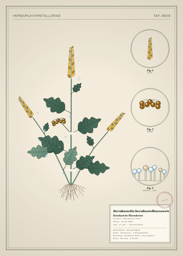 Botanische Tafel: Bernkastelia bernkastelkuesensis, eine erfundene Pflanze aus Bernkastel-Kues, gezeichnet wie in einem alten Pflanzenatlas