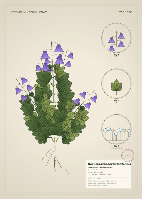 Botanische Tafel: Bernstadtia bernstadtensis, eine erfundene Pflanze aus Bernstadt, gezeichnet wie in einem alten Pflanzenatlas