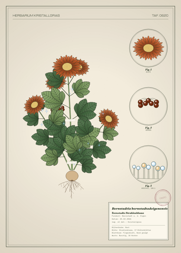 Botanische Tafel: Bernstadtia bernstadtadeigenensis, eine erfundene Pflanze aus Bernstadt a. d. Eigen, gezeichnet wie in einem alten Pflanzenatlas