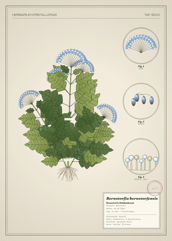 Botanische Tafel: Bernstorfia bernstorfensis, eine erfundene Pflanze aus Bernstorf, gezeichnet wie in einem alten Pflanzenatlas