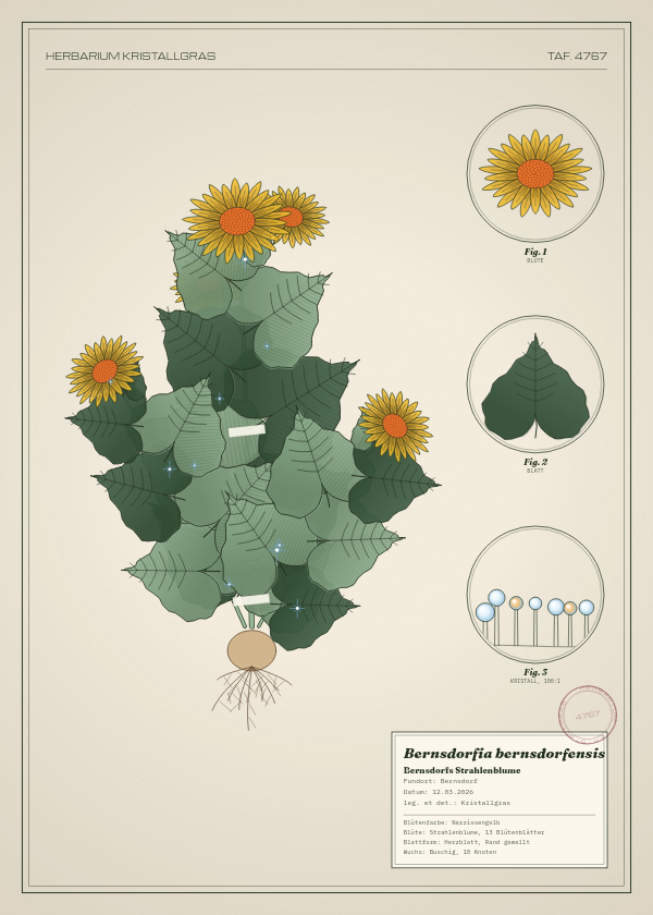 Botanische Tafel: Bernsdorfia bernsdorfensis, eine erfundene Pflanze aus Bernsdorf, gezeichnet wie in einem alten Pflanzenatlas