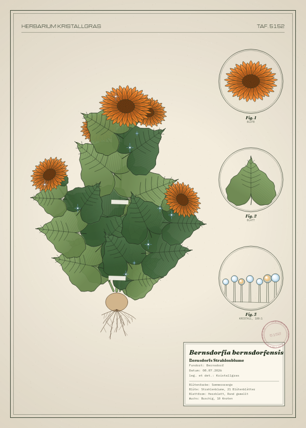 Botanische Tafel: Bernsdorfia bernsdorfensis, eine erfundene Pflanze aus Bernsdorf, gezeichnet wie in einem alten Pflanzenatlas