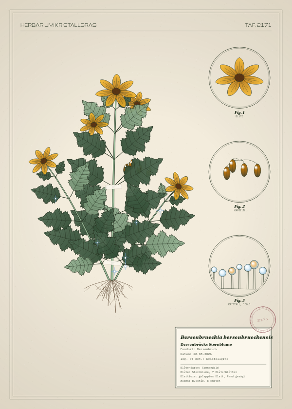 Botanische Tafel: Bersenbrueckia bersenbrueckensis, eine erfundene Pflanze aus Bersenbrück, gezeichnet wie in einem alten Pflanzenatlas