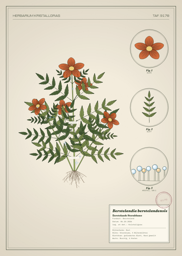 Botanische Tafel: Berstelandia berstelandensis, eine erfundene Pflanze aus Bersteland, gezeichnet wie in einem alten Pflanzenatlas