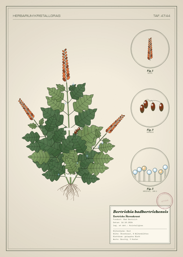 Botanische Tafel: Bertrichia badbertrichensis, eine erfundene Pflanze aus Bad Bertrich, gezeichnet wie in einem alten Pflanzenatlas