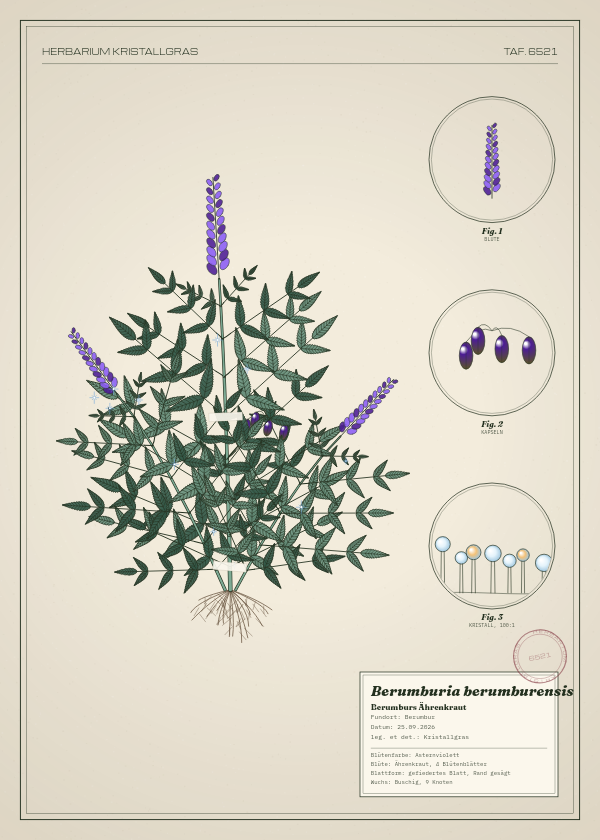 Botanische Tafel: Berumburia berumburensis, eine erfundene Pflanze aus Berumbur, gezeichnet wie in einem alten Pflanzenatlas