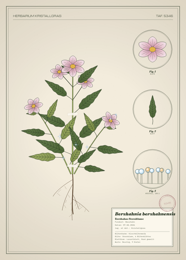 Botanische Tafel: Berzhahnia berzhahnensis, eine erfundene Pflanze aus Berzhahn, gezeichnet wie in einem alten Pflanzenatlas
