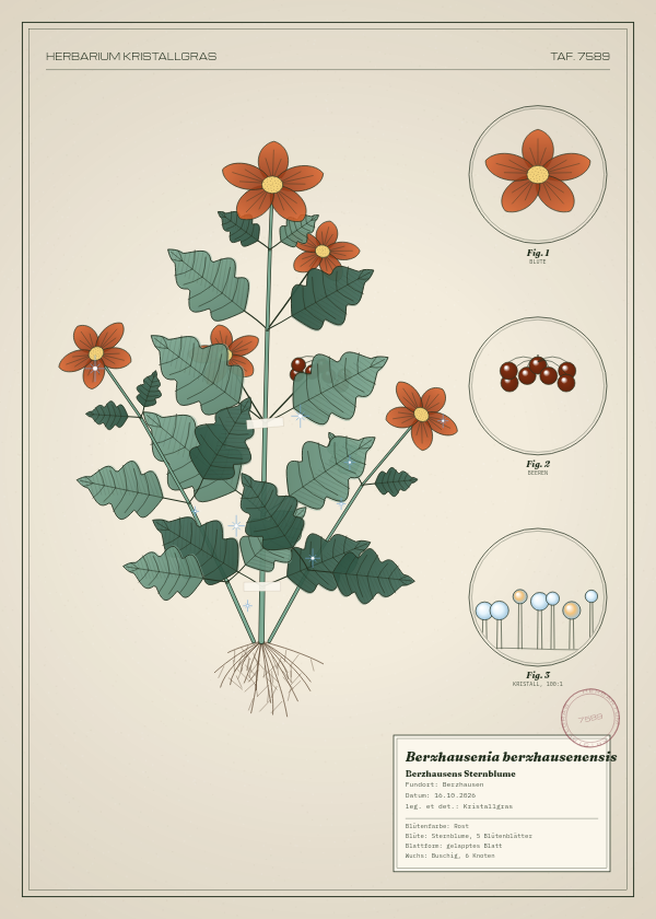 Botanische Tafel: Berzhausenia berzhausenensis, eine erfundene Pflanze aus Berzhausen, gezeichnet wie in einem alten Pflanzenatlas