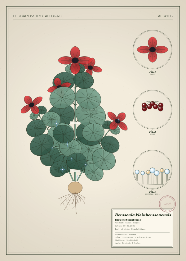 Botanische Tafel: Berssenia kleinberssenensis, eine erfundene Pflanze aus Klein Berßen, gezeichnet wie in einem alten Pflanzenatlas