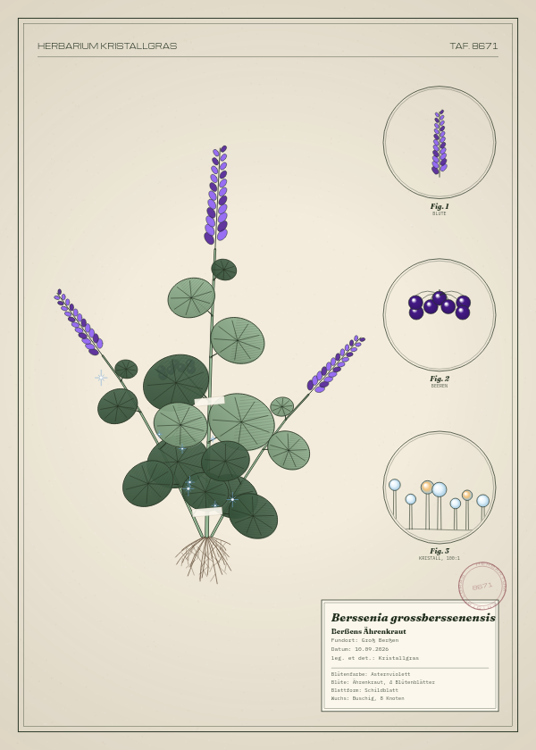 Botanische Tafel: Berssenia grossberssenensis, eine erfundene Pflanze aus Groß Berßen, gezeichnet wie in einem alten Pflanzenatlas