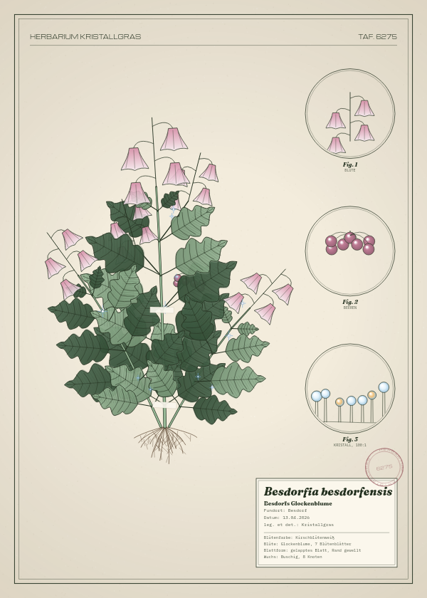 Botanische Tafel: Besdorfia besdorfensis, eine erfundene Pflanze aus Besdorf, gezeichnet wie in einem alten Pflanzenatlas