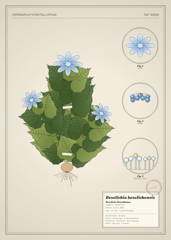 Botanische Tafel: Beselichia beselichensis, eine erfundene Pflanze aus Beselich, gezeichnet wie in einem alten Pflanzenatlas