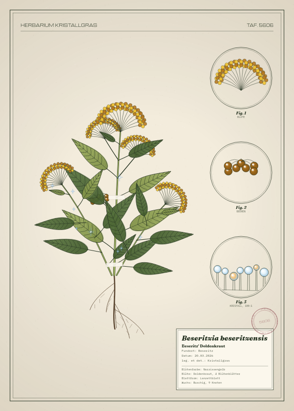 Botanische Tafel: Beseritzia beseritzensis, eine erfundene Pflanze aus Beseritz, gezeichnet wie in einem alten Pflanzenatlas