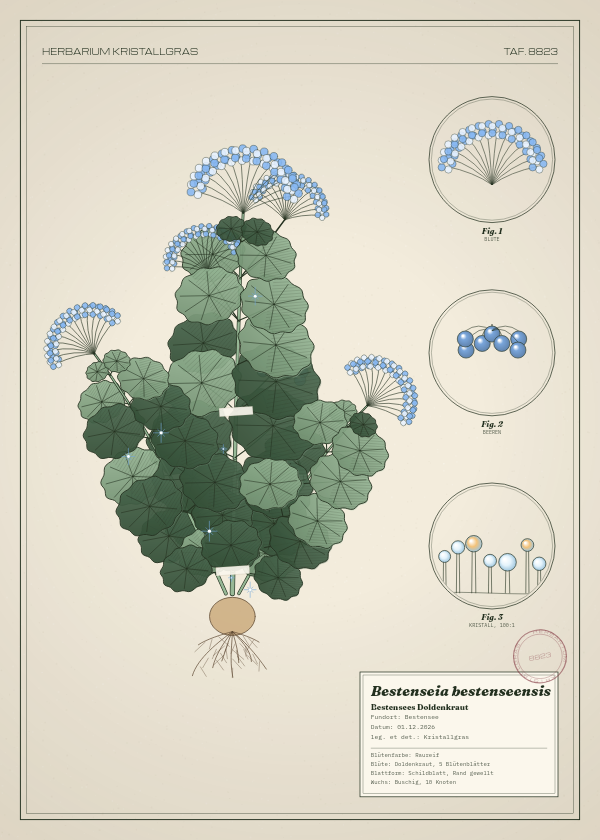 Botanische Tafel: Bestenseia bestenseensis, eine erfundene Pflanze aus Bestensee, gezeichnet wie in einem alten Pflanzenatlas