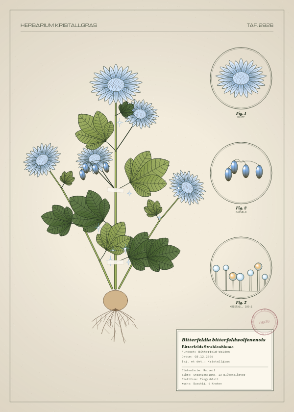 Botanische Tafel: Bitterfeldia bitterfeldwolfenensis, eine erfundene Pflanze aus Bitterfeld-Wolfen, gezeichnet wie in einem alten Pflanzenatlas
