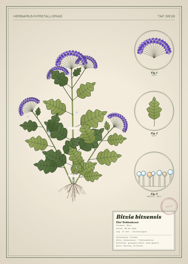 Botanische Tafel: Bitzia bitzensis, eine erfundene Pflanze aus Bitz, gezeichnet wie in einem alten Pflanzenatlas