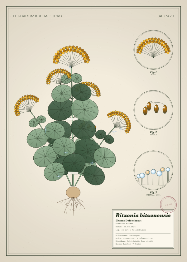 Botanische Tafel: Bitzenia bitzenensis, eine erfundene Pflanze aus Bitzen, gezeichnet wie in einem alten Pflanzenatlas