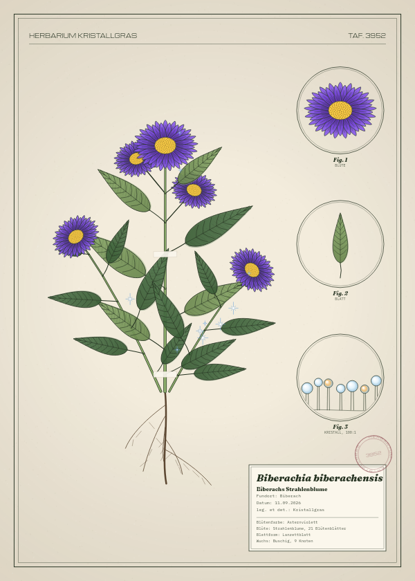 Botanische Tafel: Biberachia biberachensis, eine erfundene Pflanze aus Biberach, gezeichnet wie in einem alten Pflanzenatlas