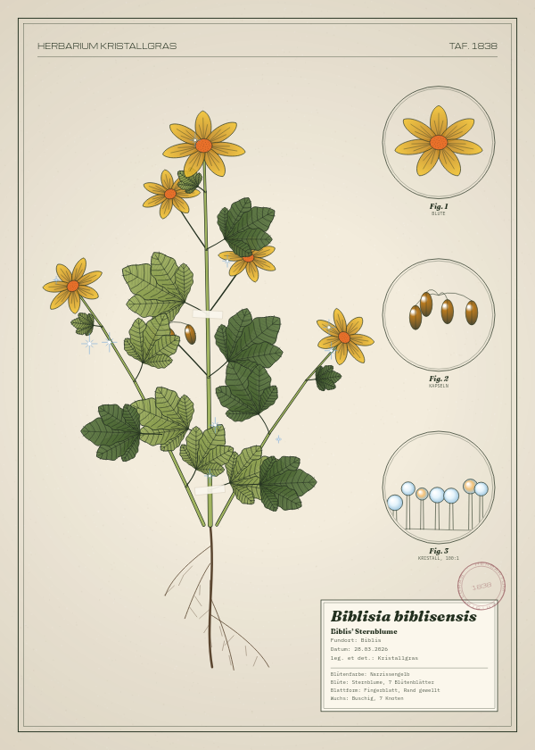 Botanische Tafel: Biblisia biblisensis, eine erfundene Pflanze aus Biblis, gezeichnet wie in einem alten Pflanzenatlas