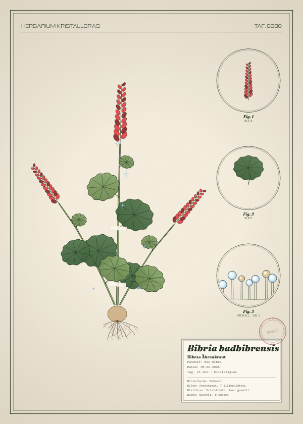 Botanische Tafel: Bibria badbibrensis, eine erfundene Pflanze aus Bad Bibra, gezeichnet wie in einem alten Pflanzenatlas