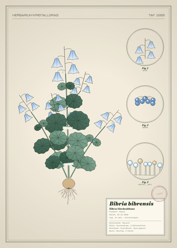 Botanische Tafel: Bibria bibrensis, eine erfundene Pflanze aus Bibra, gezeichnet wie in einem alten Pflanzenatlas