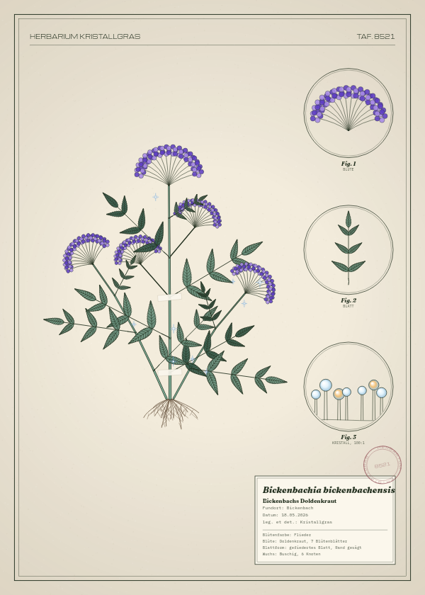Botanische Tafel: Bickenbachia bickenbachensis, eine erfundene Pflanze aus Bickenbach, gezeichnet wie in einem alten Pflanzenatlas