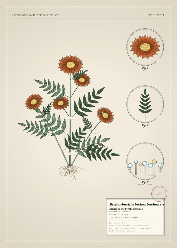 Botanische Tafel: Bickenbachia bickenbachensis, eine erfundene Pflanze aus Bickenbach, gezeichnet wie in einem alten Pflanzenatlas