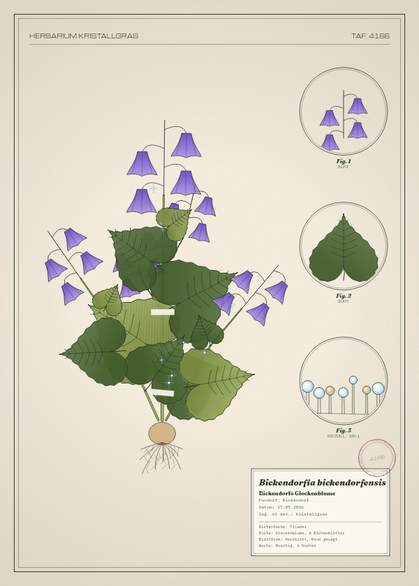 Botanische Tafel: Bickendorfia bickendorfensis, eine erfundene Pflanze aus Bickendorf, gezeichnet wie in einem alten Pflanzenatlas