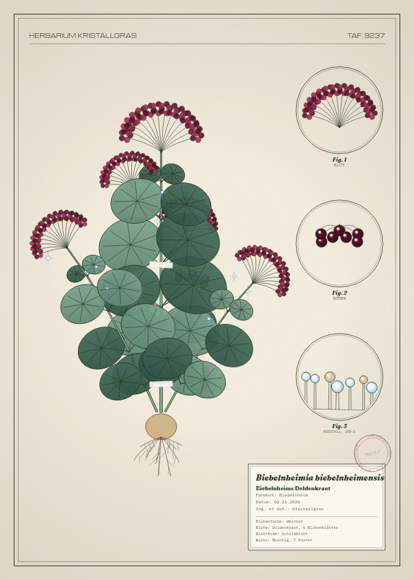 Botanische Tafel: Biebelnheimia biebelnheimensis, eine erfundene Pflanze aus Biebelnheim, gezeichnet wie in einem alten Pflanzenatlas