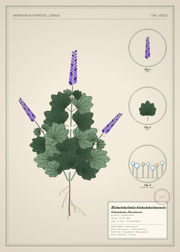 Botanische Tafel: Biebelsheimia biebelsheimensis, eine erfundene Pflanze aus Biebelsheim, gezeichnet wie in einem alten Pflanzenatlas