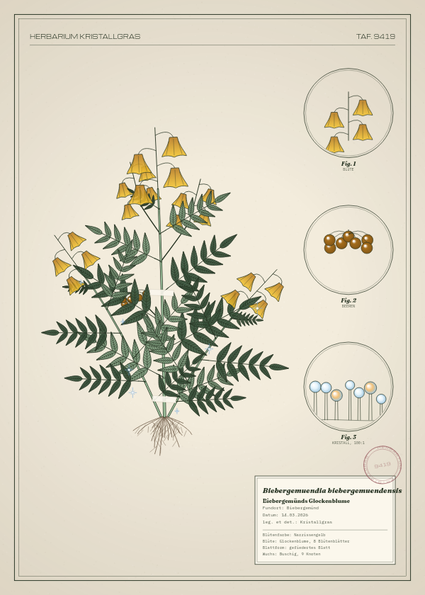 Botanische Tafel: Biebergemuendia biebergemuendensis, eine erfundene Pflanze aus Biebergemünd, gezeichnet wie in einem alten Pflanzenatlas